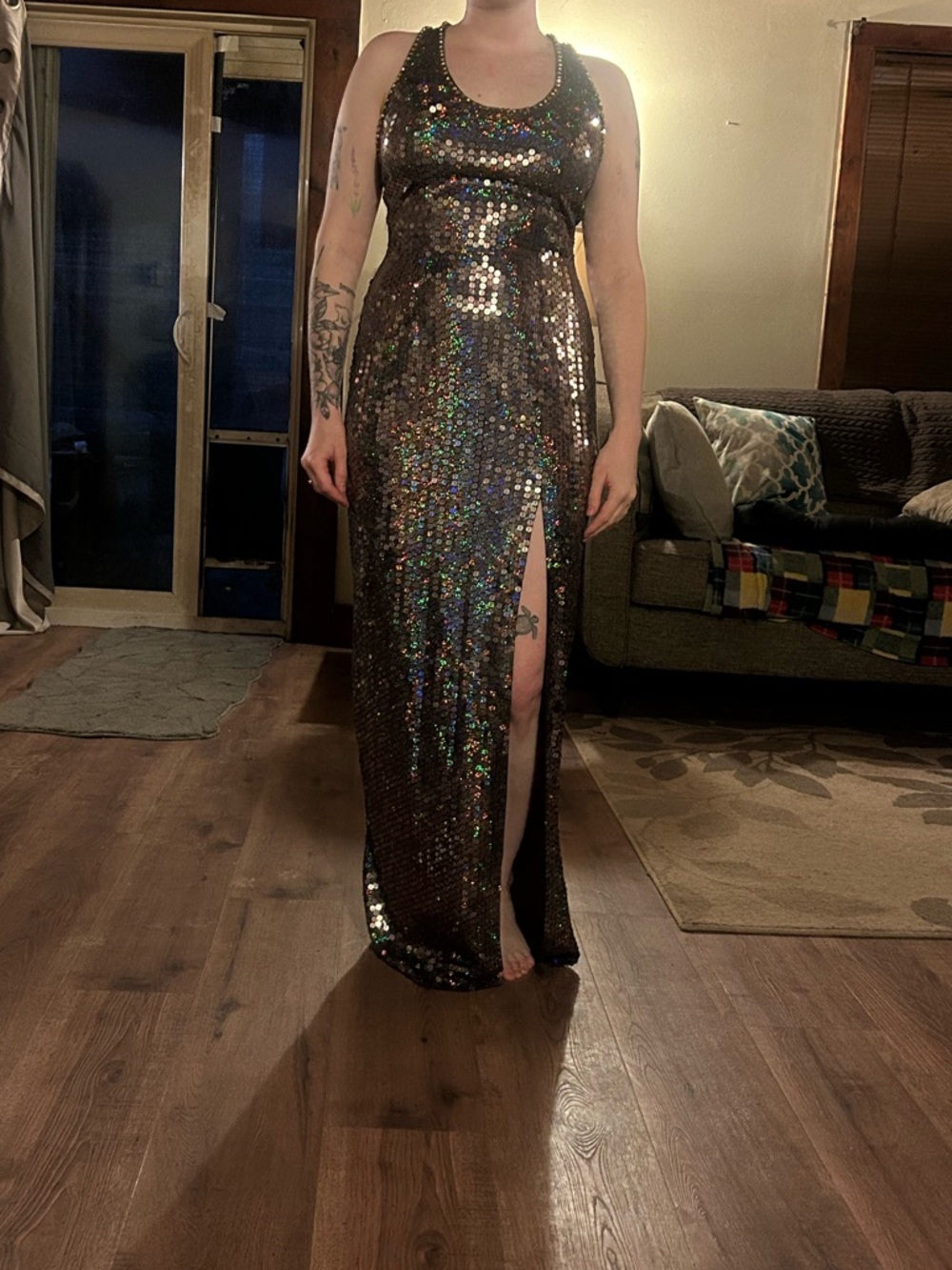 Sequin Tank Gown with Thigh Slit - Iridescent Black/Brown